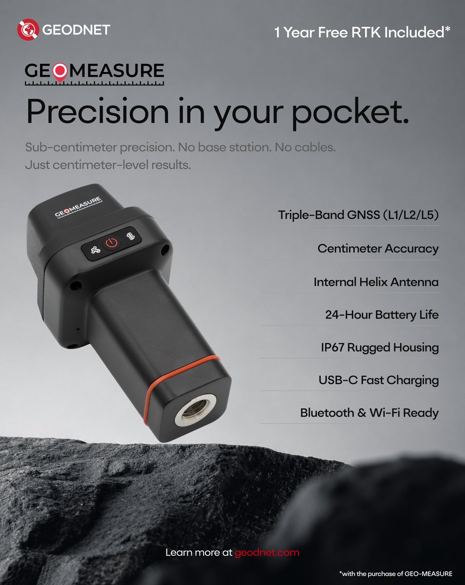 GEODNET's tweet photo. Precision in your pocket. 🛰️

GEO-MEASURE: 8mm RTK accuracy from your phone. No base station. No cables. No setup.

Turn it on. Connect via Bluetooth. Centimeter-level data in under 60 seconds.

1 year of FREE GEODNET RTK corrections included out of the box. Pelican case too. 📦 https://t.co/E4XbL00YLJ
