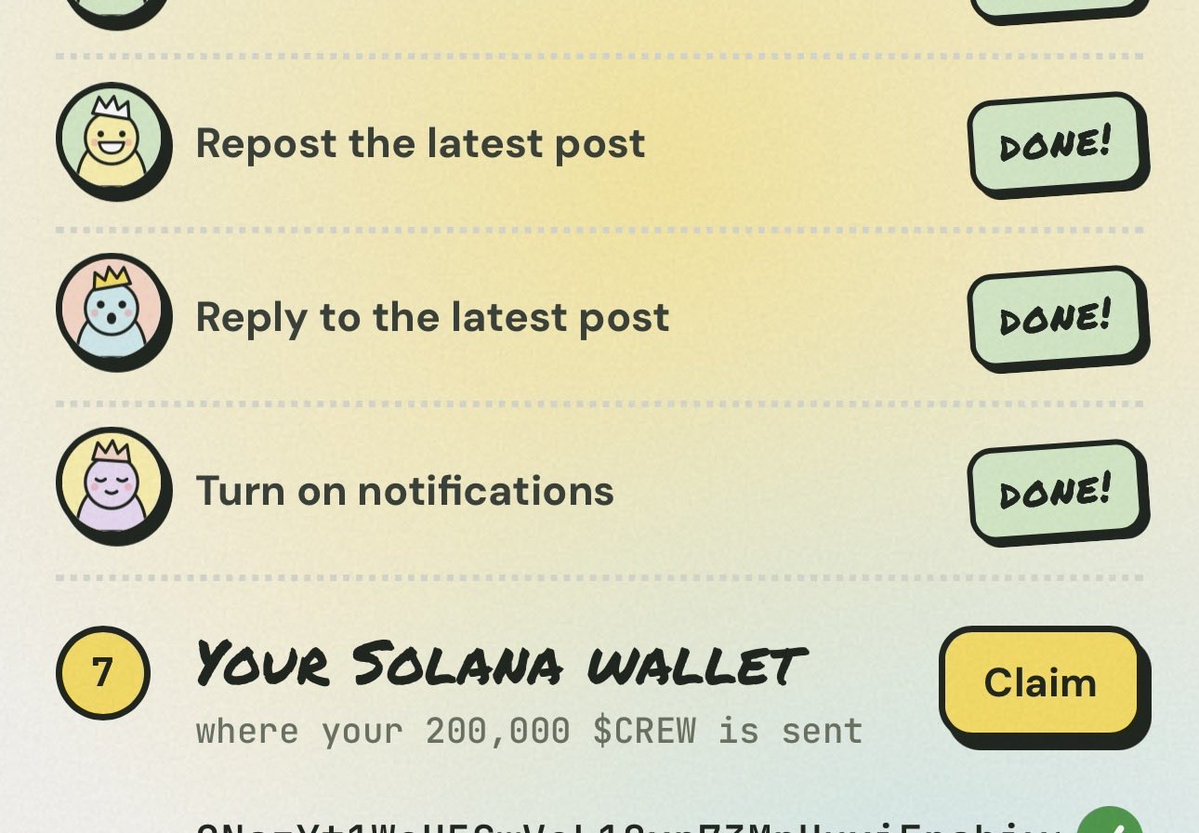 Tahmi100's tweet photo. Claim 200k crew on sol

https://t.co/BX1KbQrze7 (no reff)
- Submit sol
- Dont buy any token
FCFS | ⚠️Can be Scam,Just submit sol https://t.co/WYQXMfpTkO