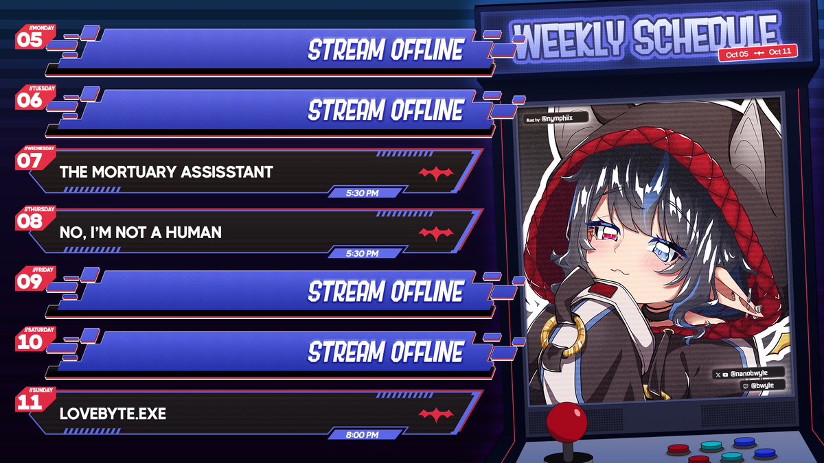 nanobwyte's tweet photo. 🎟️SCHEDULE! 10.05 → 10.11♠️
・ TWITCH: https://t.co/n5yRTy5Mze
・ YOUTUBE: https://t.co/F4lvs8xKc4 https://t.co/KLwklZRdaS