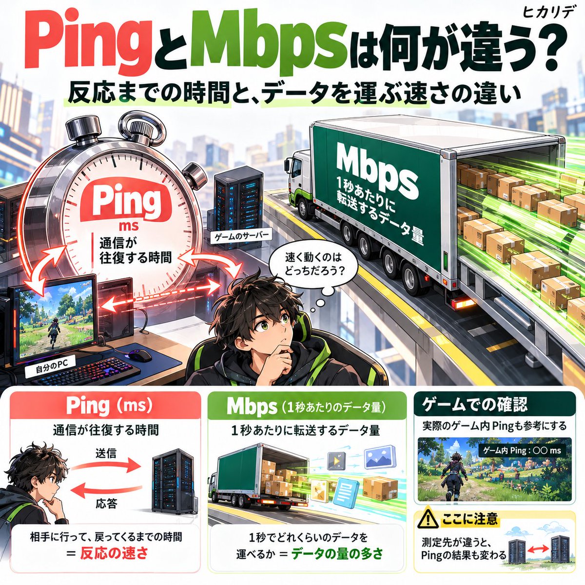 ecoaniki's tweet photo. PingとMbpsは何が違う？

Pingは通信の往復時間、Mbpsは通信速度を表します。
速度テストの数字をゲーム環境の確認に使うための基礎を整理しました。

https://t.co/OVPOW2tTun

#Ping 
#オンラインゲーム
#ヒカリデ https://t.co/2w8cL0QSjd