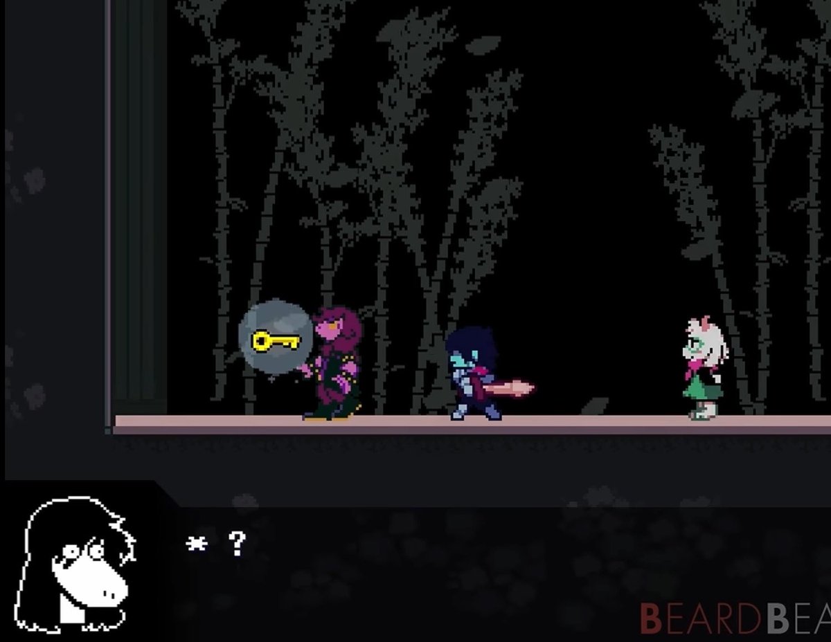 A pixel art video game screenshot shows three characters, one holding a large key, with a confused character icon and '* ?' in the bottom left corner, watermarked 'BEARDBEAR'.