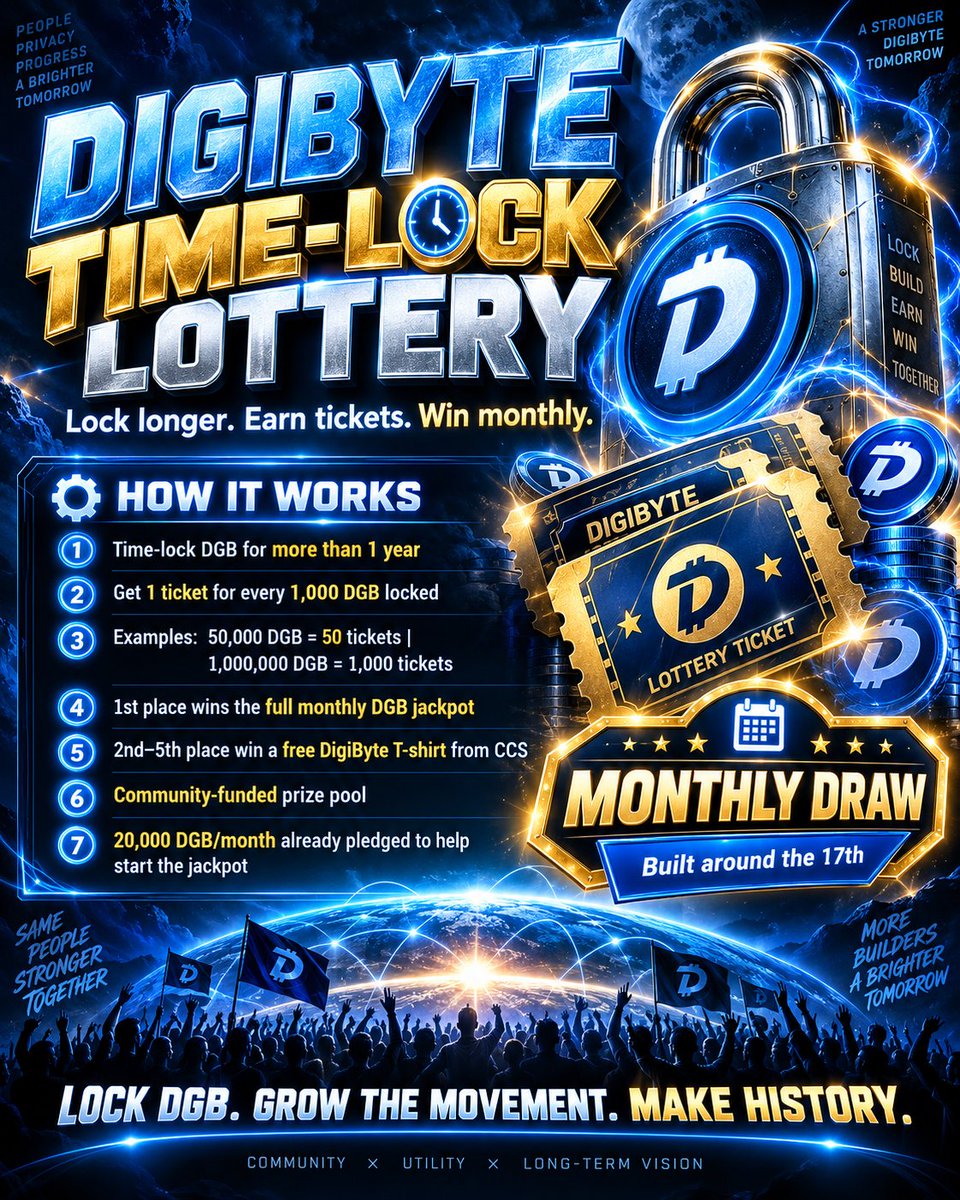 Ccsfounder's tweet photo. Introducing a new idea to boost time lock participation. The Digibyte Time-Lock Lottery. Every time a community member participates, you are:

1. Having a chance at a grand prize
2. Increasing DD liquidity, helping us get more exchange listings
3. Locking more DGB creates more DGB scarcity, media coverage and potentially greater Digibyte price appreciation.

This and more will be discussed tommorow in the space meeting. Please share your thoughts $DGB fam