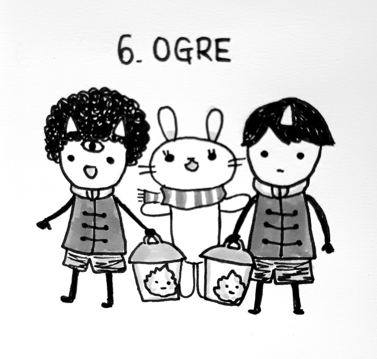 usagi_contrat's tweet photo. 6.OGRE(オーガ・鬼)
コントラット界の鬼兄弟！クセ毛のテンちゃんと直毛のリュウちゃん👹👹
企画でアズにキャラを描いてもらうのに提出したラフがこの感じです😄💦我ながらヒドイw
#Inktober2026 https://t.co/l471xGa2fJ