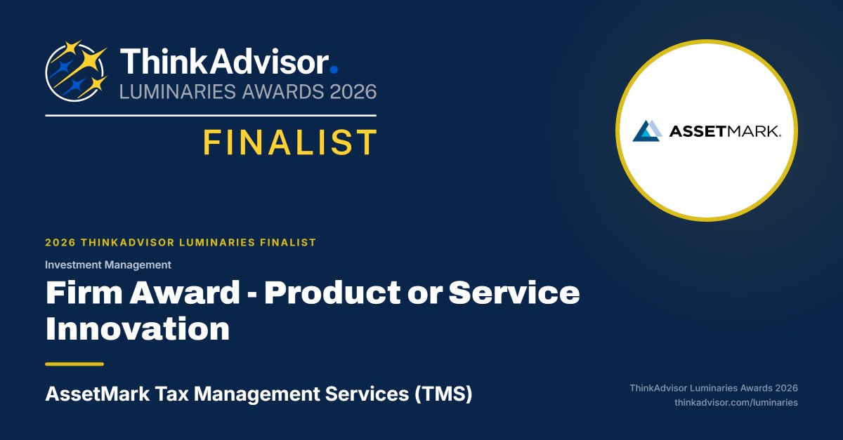 AssetMark's tweet photo. As tax optimization becomes even more integral to client portfolios, AssetMark is proud to share that its Tax Management Services (TMS) has been named a finalist for Product or Service Innovation in the Investment Management category of the 2026 ThinkAdvisor Luminaries Awards.

Built to fit the advisor workflow, TMS combines daily tax-smart optimization, tax-efficient rebalancing, personalized settings, and reporting that helps demonstrate value to clients. In 2025, TMS delivered an average annual tax savings rate of 1.42% and recently surpassed $10 billion in tax-managed assets.

Actual tax management results are subject to change based on investment holdings, cost basis, market conditions, timing, and will vary over time. The tax savings report is not a replacement for other tax reports for tax filing purposes. Investors seeking more information should contact their financial advisor.

We’re honored to see this work recognized alongside the industry’s leading innovators.

 Winners will be announced in New York City on December 3.

#Luminaries #InvestmentManagement #TaxManagement #AssetMark #TMS #ThinkAdvisorLuminaries