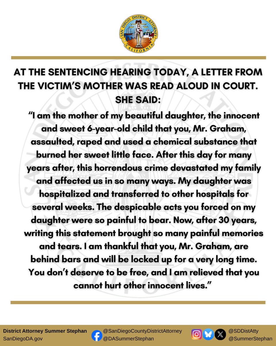 SDDistAtty's tweet photo. Justice, nearly 30 years later.

Michael D. Graham was sentenced to 60-years-to-life for the 1996 sexual assault of a 6-year-old girl in University City.

A CODIS DNA match helped investigators identify him and bring him to justice.

Read more: https://t.co/jWnhCykttT https://t.co/EKaiCBI7go