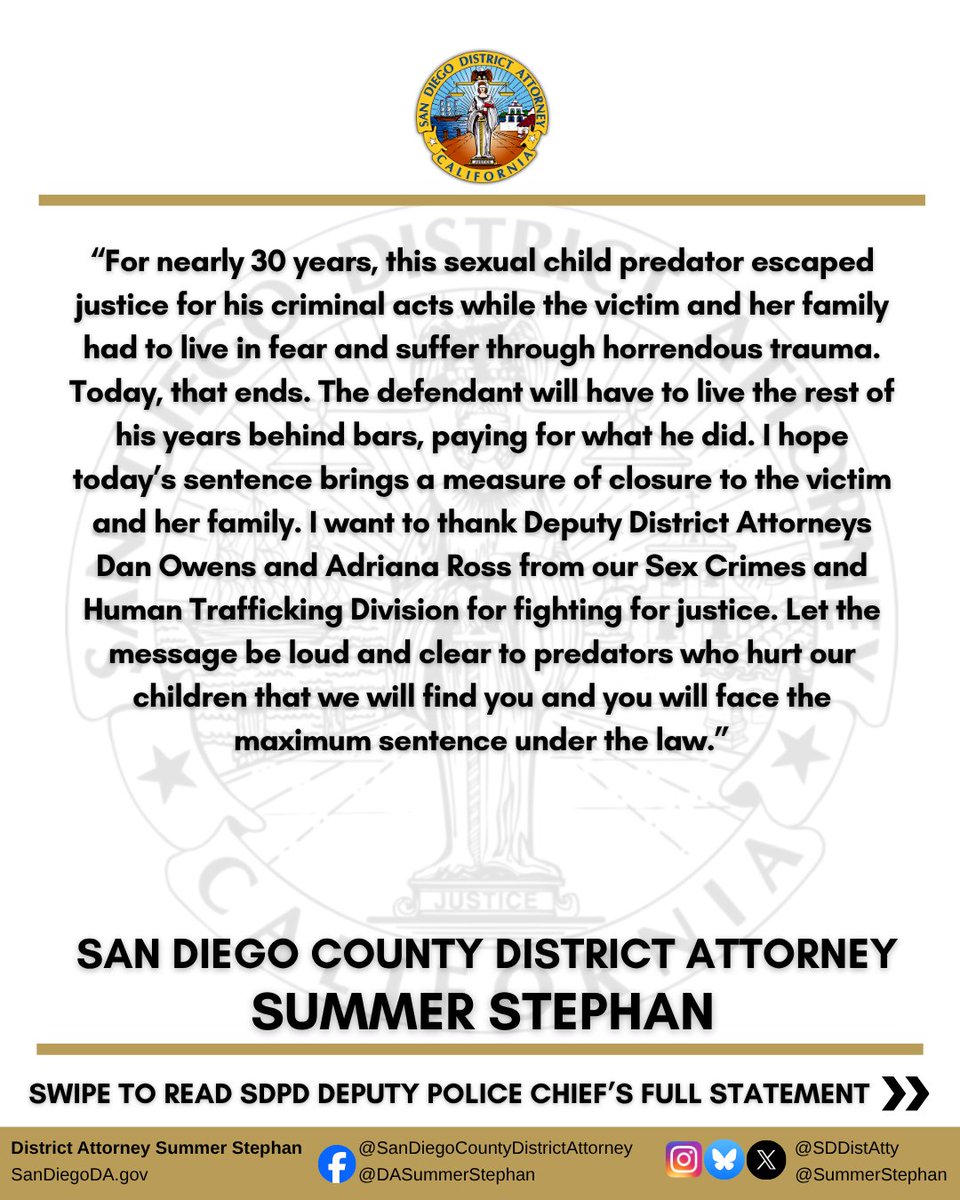 SDDistAtty's tweet photo. Justice, nearly 30 years later.

Michael D. Graham was sentenced to 60-years-to-life for the 1996 sexual assault of a 6-year-old girl in University City.

A CODIS DNA match helped investigators identify him and bring him to justice.

Read more: https://t.co/jWnhCykttT https://t.co/EKaiCBI7go