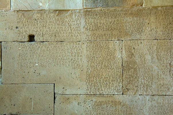BrianRoemmele's tweet photo. The Gortyn Code, an ancient Greek legal text, is inscribed into a stone wall in Crete. https://t.co/7WqZbVAog5