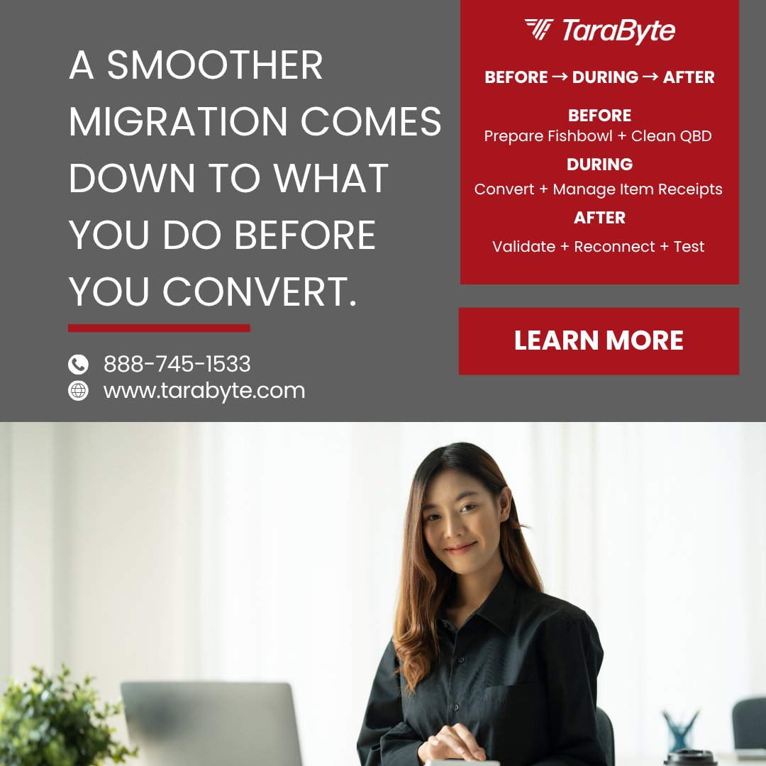 TaraByte01's tweet photo. A Fishbowl QBD→QBO migration is a process, not a single conversion. Plan mappings, clean QBD, address Item Receipts, validate QBO, then reconnect and test Fishbowl.

#QuickBooksDesktop #QuickBooksOnline #FishbowlInventory #TarabyteSolutions https://t.co/QxwTJJVImo