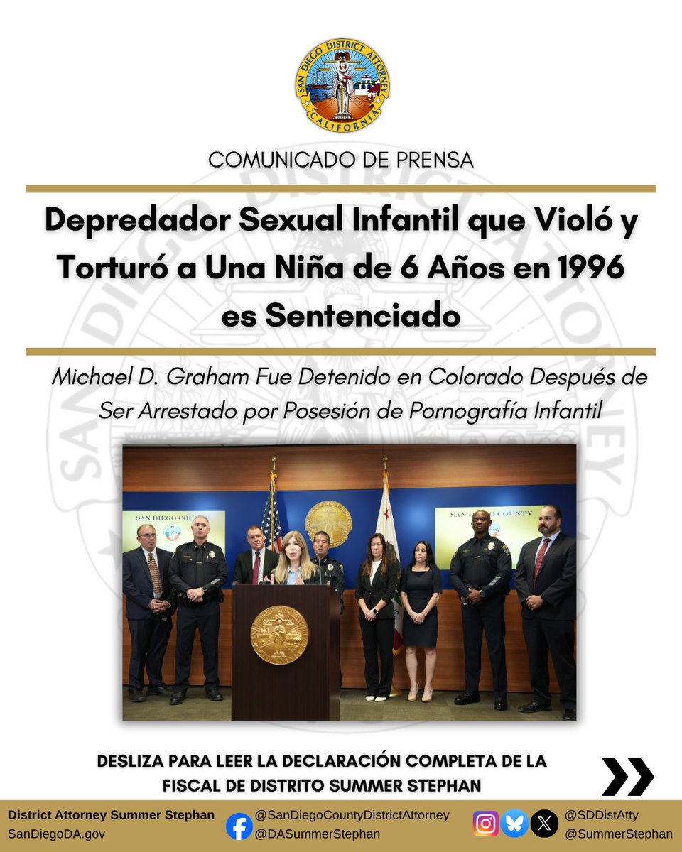 SDDistAtty's tweet photo. Justicia, casi 30 años después.
Michael D. Graham fue sentenciado a 60 años a cadena perpetua por la agresión sexual de una niña de 6 años en University City en 1996.
Una coincidencia de ADN en CODIS ayudó a los investigadores a identificarlo:
https://t.co/aaC0l897uw https://t.co/ZwUs3ESxCy