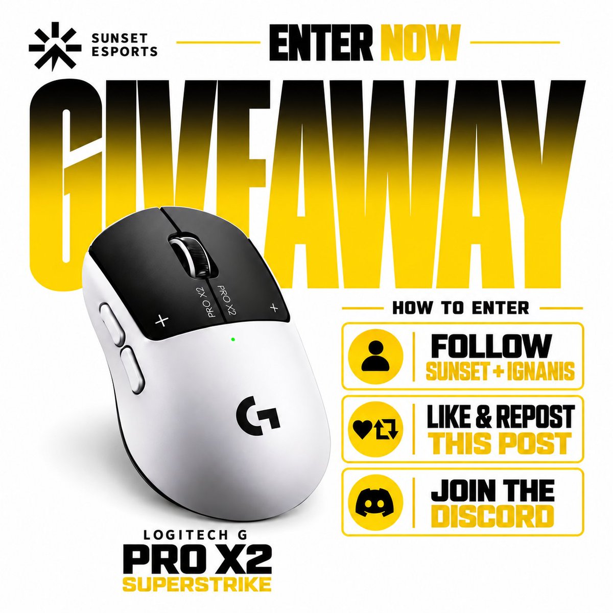 Ignanis's tweet photo. SUNSET ESPORTS GIVEAWAY☀️

Win a Logitech G PRO X2 SUPERSTRIKE!🖱🖱️

To enter:
→ Follow @TeamSunsetGGs &amp; @Ignanis
→ Like this post
→ Repost

1 winner drawn LIVE on TikTok 
https://t.co/K4eTrgn6LT https://t.co/bFAXCeBeoo