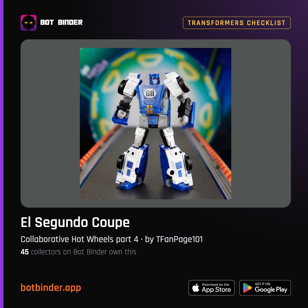 BotBinderApp's tweet photo. New Transformers Checklist episode from @TFanPage101: El Segundo Coupe (Collaborative Hot Wheels part 4). 45 collectors on Bot Binder own this one.
https://t.co/wxuDDxwFF5
#Transformers #ElSegundoCoupe
Check off your own collection. Join us on Bot Binder. https://t.co/Mc2mGqSKuS