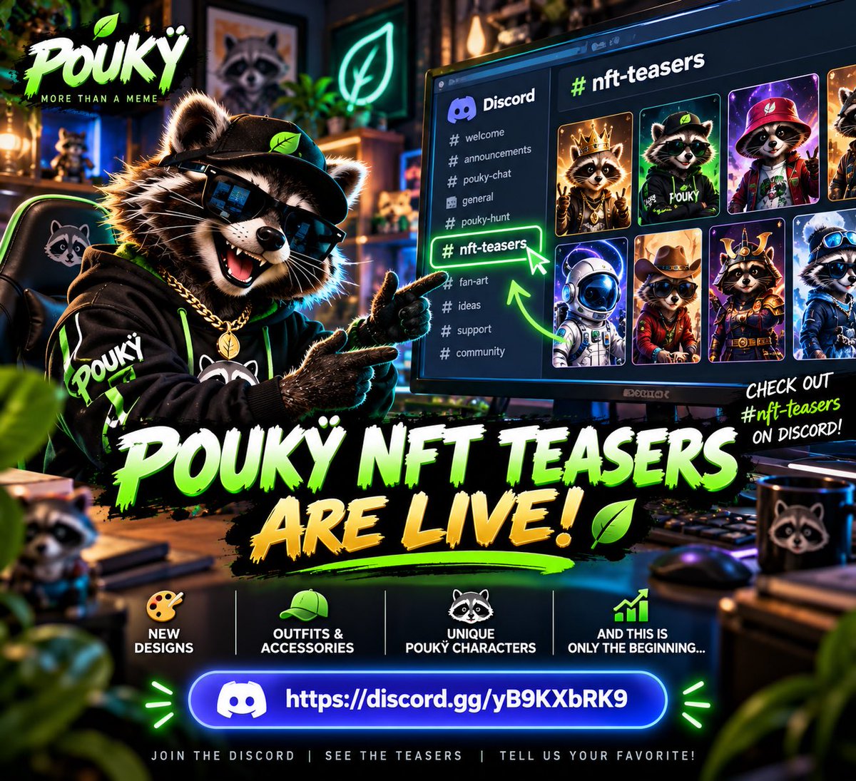 PoukyOfficial's tweet photo. 🦝🔥 POUKŸ NFT TEASERS ARE LIVE!

Something is coming to the POUKŸ ecosystem… 👀

We’ve started revealing the first previews of our POUKŸ NFTs in the #nft-teasers channel on Discord!

🎨 New designs
🧢 Outfits & accessories
🦝 Unique POUKŸ characters
🚀 And this is only the beginning…

👉 Join our Discord and check out #nft-teasers:

https://t.co/Shom8zc5zg

💬 Tell us which one is your favorite!

POUKŸ is more than a meme. We’re building an ecosystem. 🦝💚
