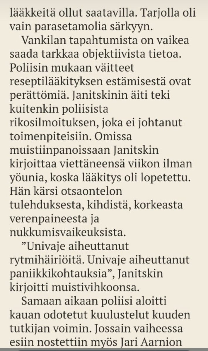 TiinaKeskimki's tweet photo. Faktantarkistusta.

Minä kehotin Iljan äitiä maanantaina soittamaan tutkinnanjohtaja Saaristolalle, että hän saisi puhua poikansa kanssa ja päästä tapaamaan Helsingin poliisivankilassa ennen tiistain vangitsemisoikeudenkäyntiä.

Saaristola antoi äidille armoa ja salli puhelun pojalleen. Puhelussa ilmeni, että Ilja ei ollut saanut itselleen hänen Andorrassa olleen onkologinsa määräämiä lääkkeitä, jotka oltiin luovutuksen yhteydessä käyty kahden @krp_poliisi:n virkamiehen kanssa hakemassa Barcelonassa apteekista ennen yölentoa Suomeen.

Iljan äiti soitti puhuttuaan poikansa kanssa minulle heti ja minä hälysin MV-lehden toimituksen ja Seiskan @PanuHorkko:n. 

Helsingin poliisi väitti minua myöhemmin valehtelijaksi @X .

Todella paljon myöhemmin sain asiakirjapyynnöllä Iljan kuulustelukertomuksen poliisivankilasta.

Kirjailija Creutz oli hyvin tietoinen tästä, mutta valitsi kirjailla toisin.

Tässä ote ilmestyvästä Maan Vaiva -teoksesta: