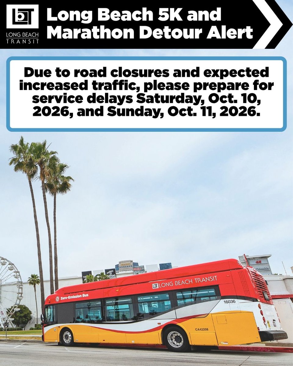 lbtransit's tweet photo. 🚨 Service Alert: Due to the Long Beach 5K and Marathon this weekend, there will be detours and bus stop closures on multiple routes.

Plan your trip by contacting our Customer Care team at 562.591.2301, your transit app of choice or visiting https://t.co/6pfaySDhJF.  

#LBTAlert https://t.co/MbrJuoBq7k