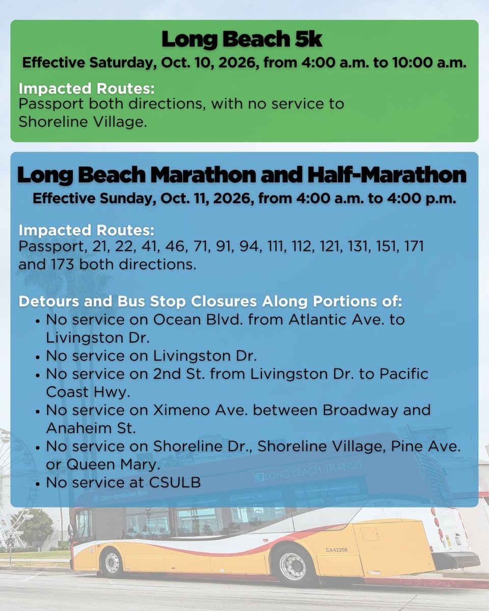lbtransit's tweet photo. 🚨 Service Alert: Due to the Long Beach 5K and Marathon this weekend, there will be detours and bus stop closures on multiple routes.

Plan your trip by contacting our Customer Care team at 562.591.2301, your transit app of choice or visiting https://t.co/6pfaySDhJF.  

#LBTAlert https://t.co/MbrJuoBq7k