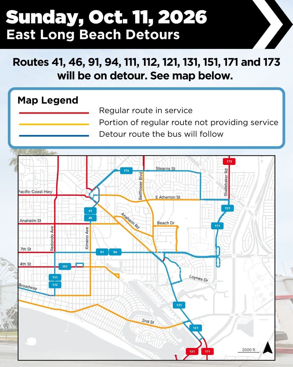 lbtransit's tweet photo. 🚨 Service Alert: Due to the Long Beach 5K and Marathon this weekend, there will be detours and bus stop closures on multiple routes.

Plan your trip by contacting our Customer Care team at 562.591.2301, your transit app of choice or visiting https://t.co/6pfaySDhJF.  

#LBTAlert https://t.co/MbrJuoBq7k