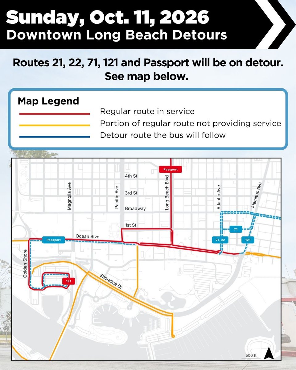 lbtransit's tweet photo. 🚨 Service Alert: Due to the Long Beach 5K and Marathon this weekend, there will be detours and bus stop closures on multiple routes.

Plan your trip by contacting our Customer Care team at 562.591.2301, your transit app of choice or visiting https://t.co/6pfaySDhJF.  

#LBTAlert https://t.co/MbrJuoBq7k