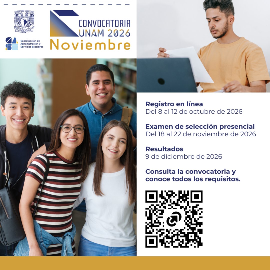 SUAyED_UNAM's tweet photo. 📣 ¡Ya está disponible la Convocatoria SUAyED Noviembre 2026! 💙💛

Estudia una licenciatura UNAM en modalidad Abierta o a Distancia.

📅 Registro: 8 al 12 de octubre

👉 Consulta requisitos y proceso:
https://t.co/f7gvVIYhoq

#SUAyED #UNAM https://t.co/4k80ccDYs5