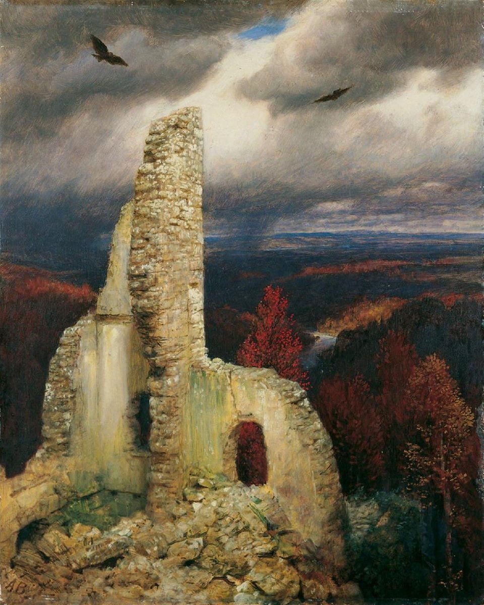 DailyClassicArt's tweet photo. Arnold Böcklin - "Ruined Castle with Two Circling Eagles" (c. 1886) https://t.co/w9sdZKJroo