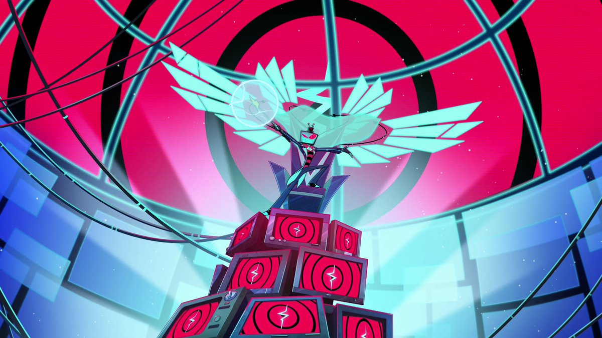 Lutecifer's tweet photo. willing to bet these TVs in the background of the Fortnite lobby screen will transform into Vox's hypnosis graphic the day the Hazbin skins drop 👀 https://t.co/mfItmc8VaM