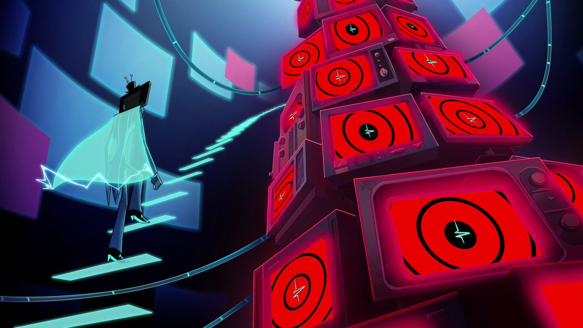 Lutecifer's tweet photo. willing to bet these TVs in the background of the Fortnite lobby screen will transform into Vox's hypnosis graphic the day the Hazbin skins drop 👀 https://t.co/mfItmc8VaM