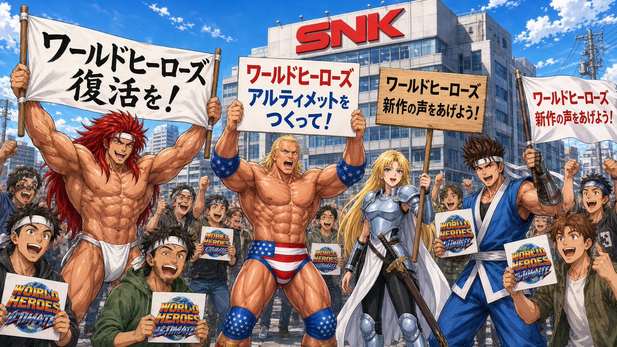 otomatsu02's tweet photo. ワールドヒーローズ新作を本気で、ネタとかではなく、出して欲しいって思いませんか？

あのマジゲーとバカゲーのせめぎ合いという他にない無二の世界観と、個性的なキャラたち。

そこから洗練されていったパーフェクトに至るまで、そろそろ次が見たくないですか？

#ワールドヒーローズ新作 https://t.co/WQXEmyseCS