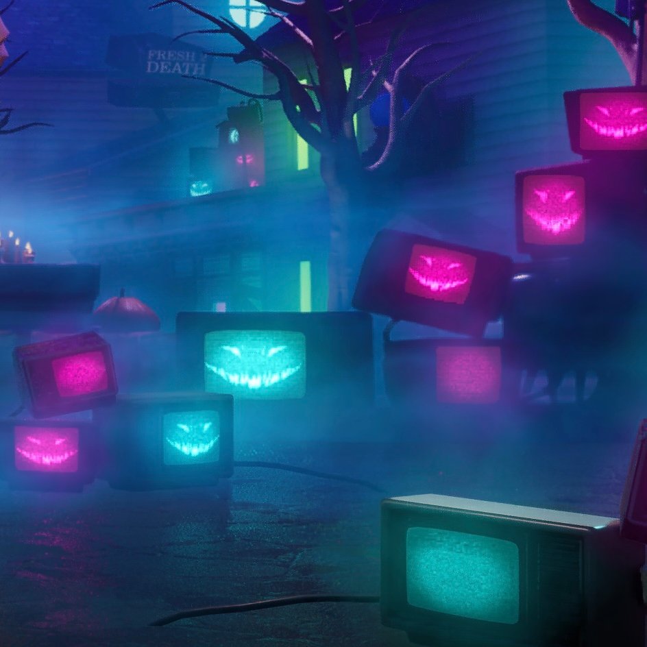 Lutecifer's tweet photo. willing to bet these TVs in the background of the Fortnite lobby screen will transform into Vox's hypnosis graphic the day the Hazbin skins drop 👀 https://t.co/mfItmc8VaM