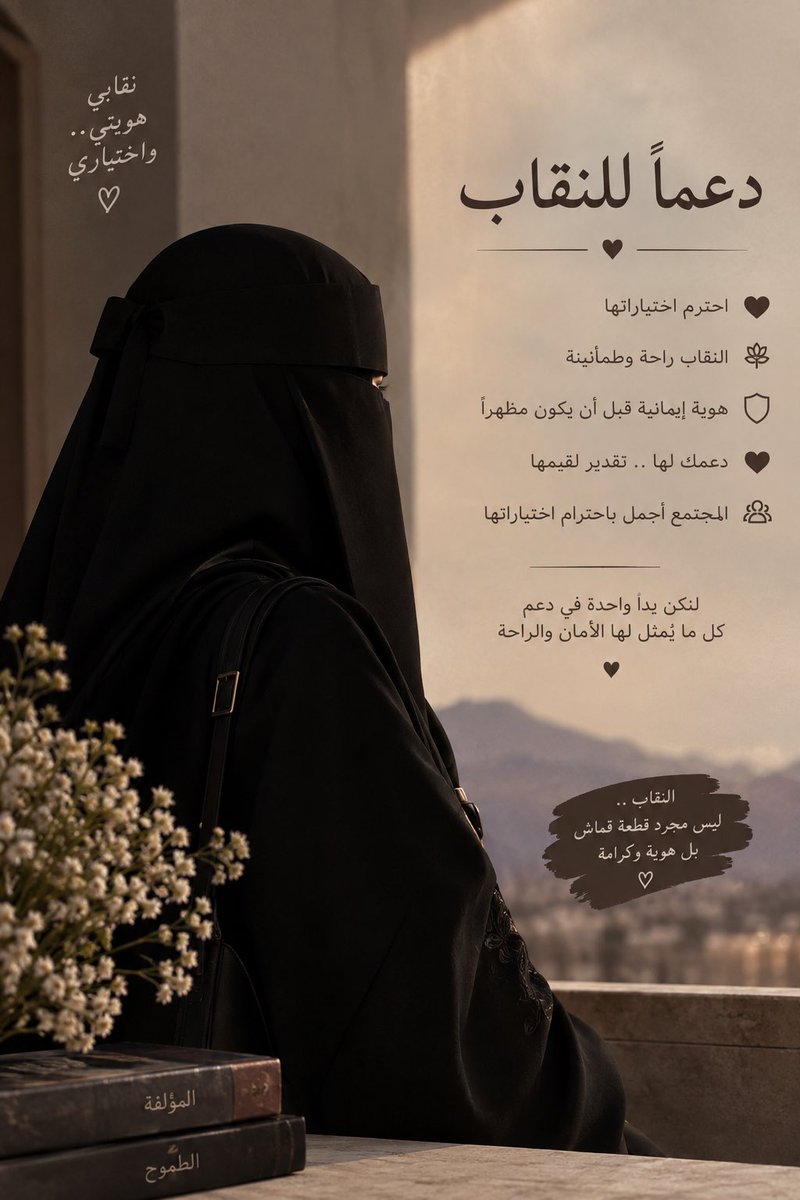 M_ah1957's tweet photo. النقاب ليس مجرد غطاء،
بل هو قناعة وستر واعتزاز بالهوية 🤍

أدعمه وأحترم من اختارته،
فلكل امرأة حقها في اختيار ما يمنحها الراحة والطمأنينة.

النقاب فخر، والستر جمال، والاحترام حق للجميع 🤍 https://t.co/6nFxuht6mW