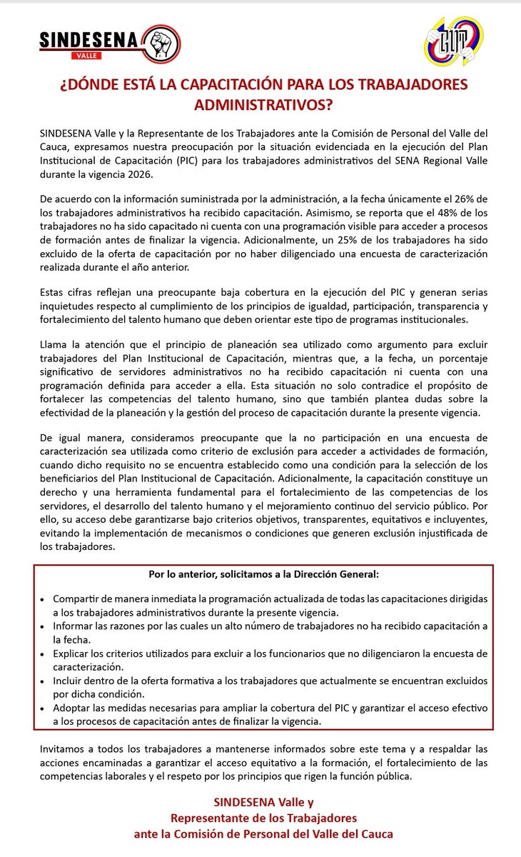 sindesenaVall's tweet photo. ¿Dónde está la capacitación para los trabajadores administrativos del SENA Valle?
Solo el 26% ha recibido capacitación en 2026. SINDESENA Valle, exige programación inmediata, mayor cobertura e inclusión de quienes fueron excluidos por no diligenciar una encuesta.
¡ https://t.co/LHsIq09rtB