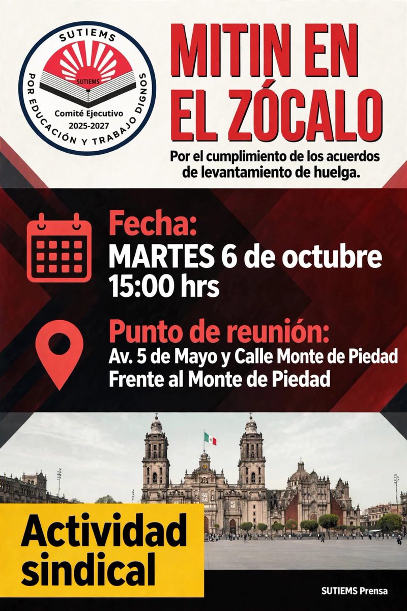 SutiemsOrg's tweet photo. ¡Todos al mitin!¡Por el cumplimiento de los acuerdos de levantamiento de huelga! @SECTEI_CDMX @GobCDMX @ClaraBrugadaM @Finanzas_CDMX @craviotocesar @IEMS_CDMX https://t.co/nVsFqBpnlt