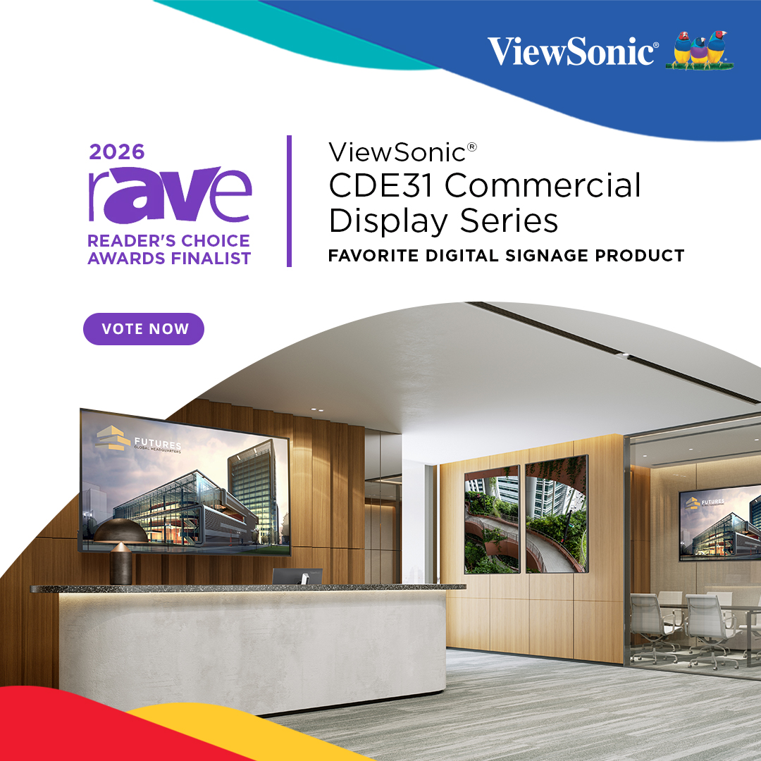 ViewSonic's tweet photo. The ViewSonic CDE31 series of commercial displays has been named as a Finalist for Favorite Digital Signage Product at the 2026 rAVe Reader's Choice Awards.
 
Featuring stunning 4K resolution, the CDE31 series is a show stopping digital signage solution that powers on almost instantly and is designed for 24/7 operation.
 
Help us take the top spot by casting your vote today: https://t.co/DlvAKcRsEz