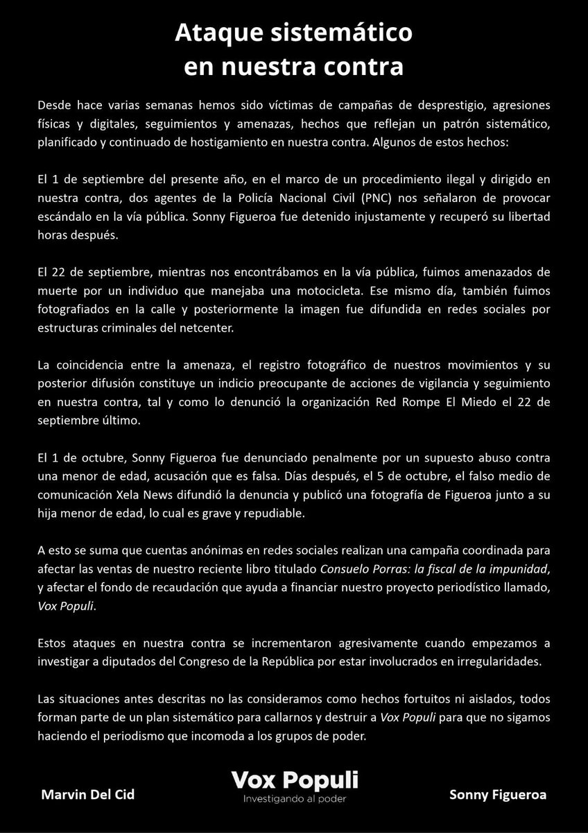 marvindelcid's tweet photo. 🔴 COMUNICADO URGENTE

Ataque sistemático en nuestra contra

Desde hace varias semanas junto a @Sonny_Figueroa hemos sido víctimas de campañas de desprestigio, amenazas, seguimientos, agresiones físicas y digitales así como falsas denuncias penales. https://t.co/poMpmon6xp