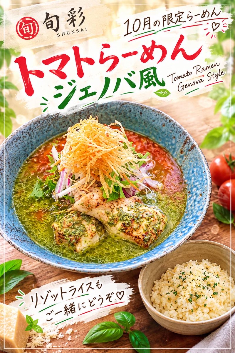shunsai2022's tweet photo. おはようございます😊
#らーめん旬彩　です
10月6日（火）

☀️11:30〜15:00 🔺Lo 30

🍅トマトらーめん
　　　　🌿ジェノバ風

🍜赤だし味噌らーめん
🍜煮干しらーめん
🍜洋風鯛だしらーめん

本日お昼のみの営業になります🙇明日は定休日です！

ご来店お待ちしております

#ラーメン
#限定 https://t.co/B9nLgVYfUU
