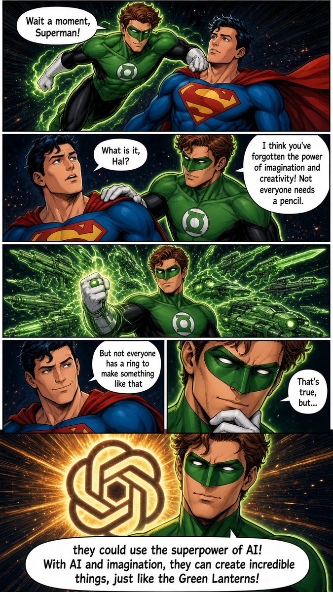 lilykeilani011's tweet photo. This is something I've been thinking about for quite some time.

To some extent, Green Lanterns would practically be AI artists... creating things based on their will and emotions. 

They even have the Central Power Battery, which you could say is like a Data Center, while the different colors could represent different Models... or maybe I'm overthinking things. 🐭🤪