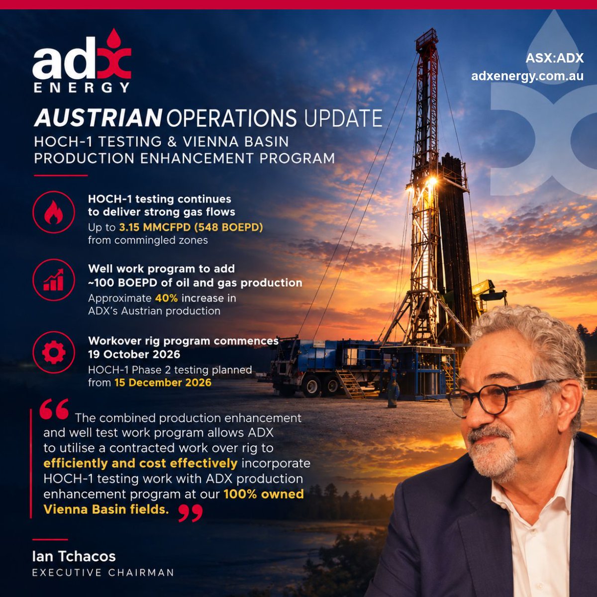 ADXEnergy_'s tweet photo. ADX Energy (ASX:ADX) is gearing up for a busy period in Austria.

HOCH-1 Phase 2 testing is ahead, alongside Vienna Basin well work targeting an additional ~100 BOEPD – an approximate 40% increase in Austrian production.

Read the announcement → https://t.co/P4s0oYulrA https://t.co/TUtb2pSBU1