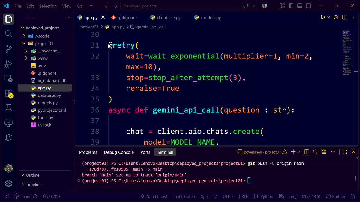 Nik_Coding10's tweet photo. Updated my AI Backend Project for production level quality : 

1) integrated FastAPI's Background_tasks
2) used tenacity library for simple retrying logic
3) used tools for gemini api tool calls 

https://t.co/BnLuhiXFj7 https://t.co/i63UrCZM9x