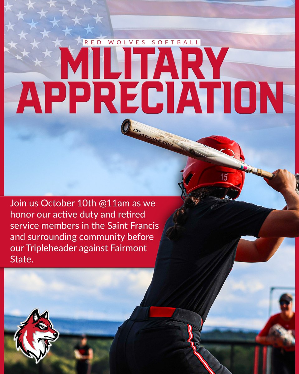 RedWolvesSB's tweet photo. 🇺🇸 Military Appreciation Event‼️

We will honor veterans &amp; active-duty service members on October 10 before our games against Fairmont State!

🕥 Recognition: 10:45 am
🥎 First pitch: 11 am

To be recognized pregame, please complete this form: https://t.co/FI416hib1k https://t.co/AHtkBN6ELf