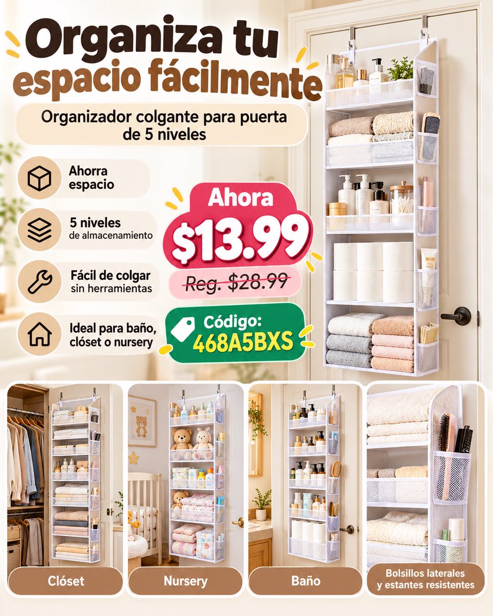 lizbethloor's tweet photo. Organizador colgante para puerta con 5 niveles y bolsillos laterales, ideal para aprovechar mejor el espacio 
🔥 Precio final: $13.99
🎟️ Código: 468A5BXS
👉 Enlace: https://t.co/yFHq6JesPF
#CommissionsEarned #AmazonDeals #OfertasAmazon #AmazonFinds #HomeOrganization #StorageIdeas https://t.co/1LRCudfoGO
