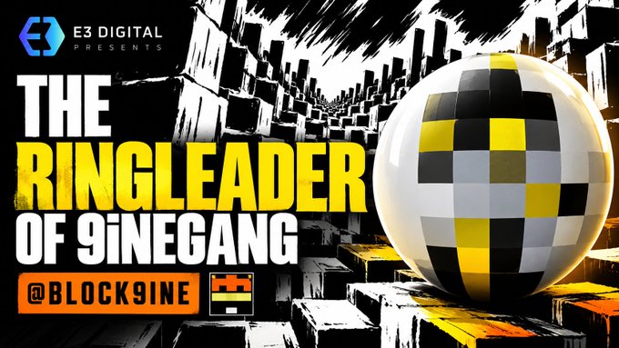 A YouTube thumbnail or banner from 'E3 DIGITAL PRESENTS' titled 'THE RINGLEADER OF 9iNEGANG' with handle '@BLOCK9INE'. The design features a black and yellow checkered sphere on a background of black and white city block structures.