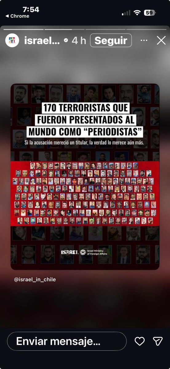 ZeranFaride's tweet photo. La Embajada de Israel en Chile como buen representante de un régimen genocida reproduce su estrategia de desinformación: Ahora afirman que 170 de los casi 300 periodistas asesinados en Gaza eran “terroristas”. Mienten con el descaro de la impunidad !!🇵🇸 https://t.co/ZwSyI6OaFc