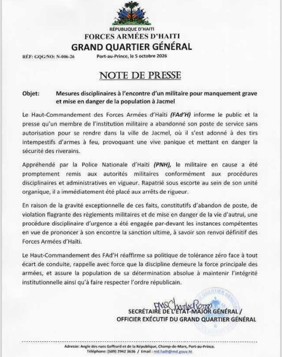 MDefenseHT's tweet photo. FORCES ARMÉES D’HAÏTI 

Port-au-Prince, le 5 octobre 2026

NOTE DE PRESSE 

Objet: Mesures disciplinaires à l'encontre d'un militaire pout manquement grave et mise en danger de la population à Jacmel https://t.co/Bl8SGQaeE0