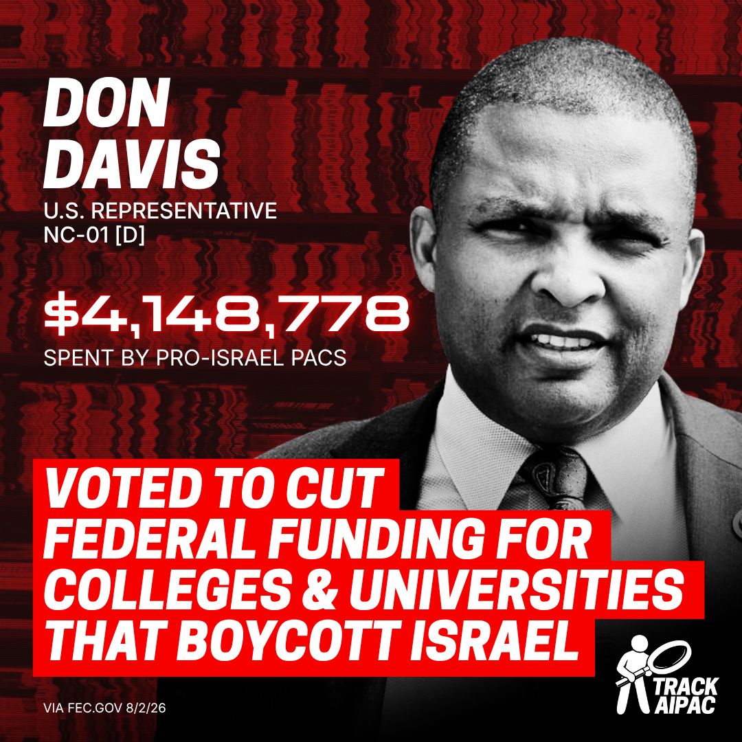 TrackAIPAC's tweet photo. Rep. Don Davis is one of 33 Democrats who voted with the Republican majority to pass a bill to cut federal funding for colleges and universities that engage in boycotts against Israel. https://t.co/81hIU1ByPC