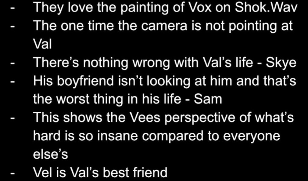 valerinaadio's tweet photo. Everything is great from Val hating AI, Alastor setting up a date for VoxVal to StaticApple jokes but this:

-SM fans clocking that the cameras where always on Val
-Val hates it when Vox doesn’t pay attention to him
- Sam calling Vox, Val’s boyfriend and  Vel his bestie

😩 https://t.co/EyYgEWQGe5