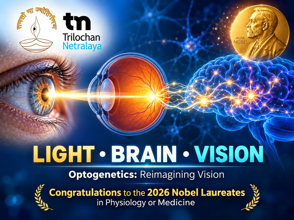 trilochaneye's tweet photo. When light becomes a language for the brain, a new chapter in vision begins!
Heartiest congratulations to the 2026 Nobel Laureates in Physiology or Medicine #KarlDeisseroth, #PeterHegemann and #GeorgNagel - for their groundbreaking discoveries on light-gated ion channels and optogenetics.
Their work has transformed how we understand and control neural activity with #light, opening exciting possibilities for #neuroscience and the future of #vision.
For #TrilochanNetralaya, this is deeply inspiring: the future of eye care lies not only in treating the eye, but also in understanding the neural pathways that make vision possible.
From restoring sight to reimagining vision - the journey of science continues.