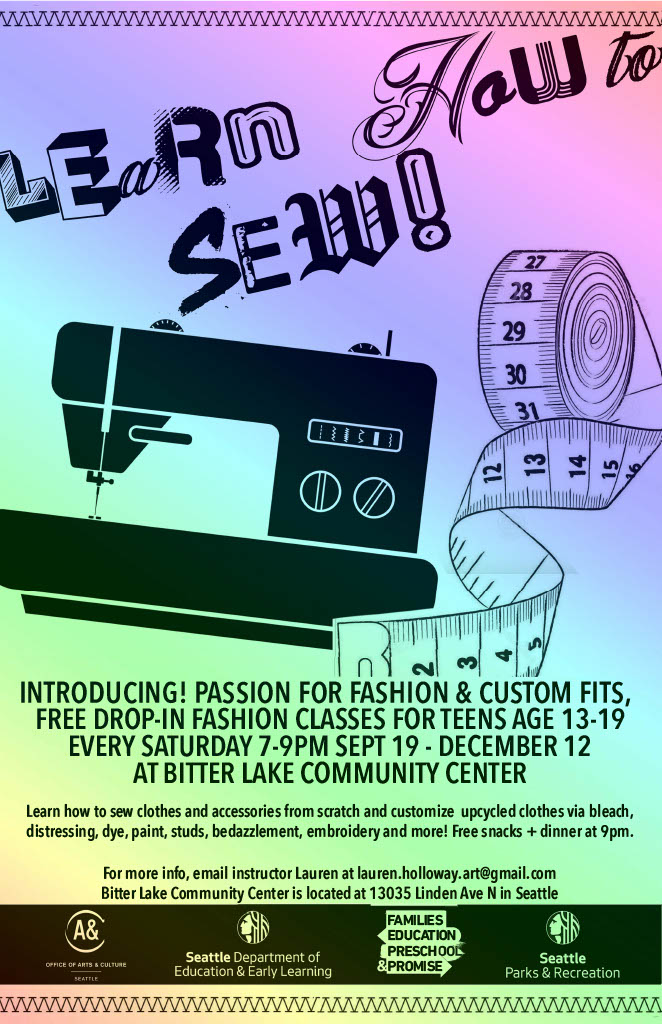 SeattleParks's tweet photo. Do you have a Passion for Fashion? Join us on Saturdays from 7-9 PM at Bitter Lake Community Center for our Passion for Fashion + Custom Fits program! 

The program is free and is for ages 13-19. For free programs across the city, visit: https://t.co/vrfwUqH1s1 https://t.co/nGzuFwiEXA