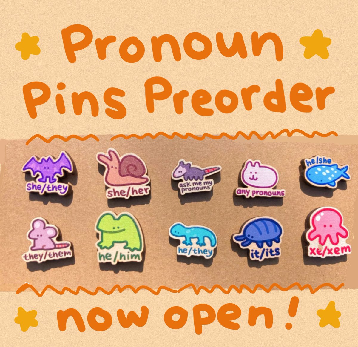 gobwormshop's tweet photo. we are opening pronoun pin preorders for the 2nd time in gob history! visit our website to order pronoun pins with your desired animal and pronoun combinations for a limited time only! https://t.co/Gj8NHUmUuO