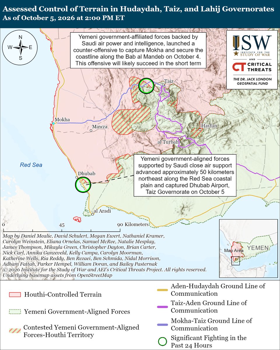 TheStudyofWar's tweet photo. NEW: The Yemeni government, backed by Saudi air power and international coalition military support, launched an offensive to capture Mokha city and secure the coastline along the Bab al Mandeb Strait on October 4. This offensive will likely succeed in capturing Mokha in the short term. Saudi Arabia and the Yemeni government likely launched the offensive to accomplish the limited objective of securing the Bab al Mandeb. (1/2)

Other Key Takeaways:

Yemeni government-aligned forces will likely stop offensive operations within the next seven to 14 days to rest, resupply, and consolidate their positions to prevent a Houthi counteroffensive.

The Yemeni government will need to secure its own defensible line before its offensive culminates in order to ensure it can repel Houthi attacks combining drones and ground forces, which the Houthis employed in early September.

Allied air and intelligence support almost certainly made this offensive possible. Over 100 Saudi aircraft provided air support to Yemeni government-aligned forces during the initial assault, and US intelligence is reportedly supporting the air campaign.

Saudi allies in the Mecca Pact are providing military aid to Saudi Arabia, and Saudi Arabia announced on October 5 that Pakistan and Turkey are taking “practical measures” to defend Saudi Arabia pursuant to the Mecca Pact requirements.

The Iranian regime appears increasingly concerned that mounting economic pressure could threaten internal stability and is combining its attempts to manage its wartime economy with expanded efforts to deter and prepare to suppress possible unrest.

Iran is likely reconstituting and enhancing its ability to target distant US regional military targets and commercial shipping through improvements in missile accuracy, range, speed, and targeting capabilities.

Iran is likely aiming to increase its ability to deter US airstrikes targeting Iranian assets, impose costs on the United States, and preserve strategic initiative in the conflict by prioritizing improvements to its missile capabilities.