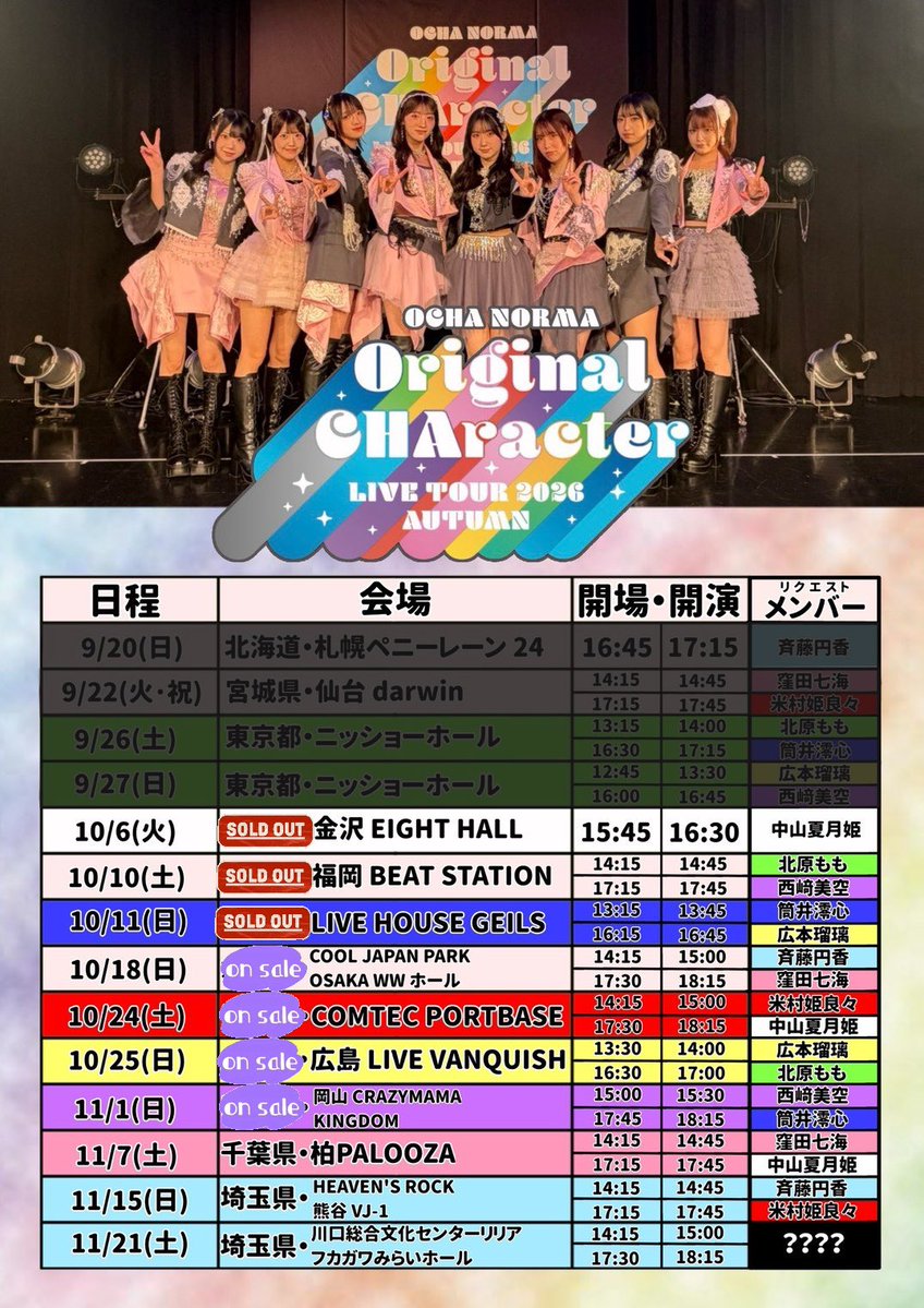 ocha_norma's tweet photo. ＼本日10/06日(火)開催‼️／
📍 金沢EIGHT HALL（石川）

▼ツアータイトル🪧✨
OCHA NORMA LIVE TOUR 2026 AUTUMN ～Original CHAracter～

▼見どころ👀
「オチャならリクエスト」企画👏🏼
それぞれのメンバーが楽曲や演出を考え、全員でパフォーマンスします💃🕺🎤
 
本日の担当は
公演①「中山夏月姫」です🤍

▼チケット詳細🎫
•10/18(日)大阪公演販売中！（夜公演のみ）
•10/24(土)愛知公演販売中！
•10/25(日)広島公演販売中！（夜公演のみ）
•11/01(土)岡山公演販売中！

その他詳細はこちらから💁‍♀️
https://t.co/B5dsCkuIc1

▼ツアーグッズはこちらから💁
https://t.co/3xU6Uggj5B

石川の皆様、一昨日ぶりです‼️
中山夏月姫の凱旋公演やって参りました❤️‍🔥

本日も盛り上がって楽しみましょう✊🏻✨

#OCHA_NORMA  #ハロプロ
#オチャノーマ
