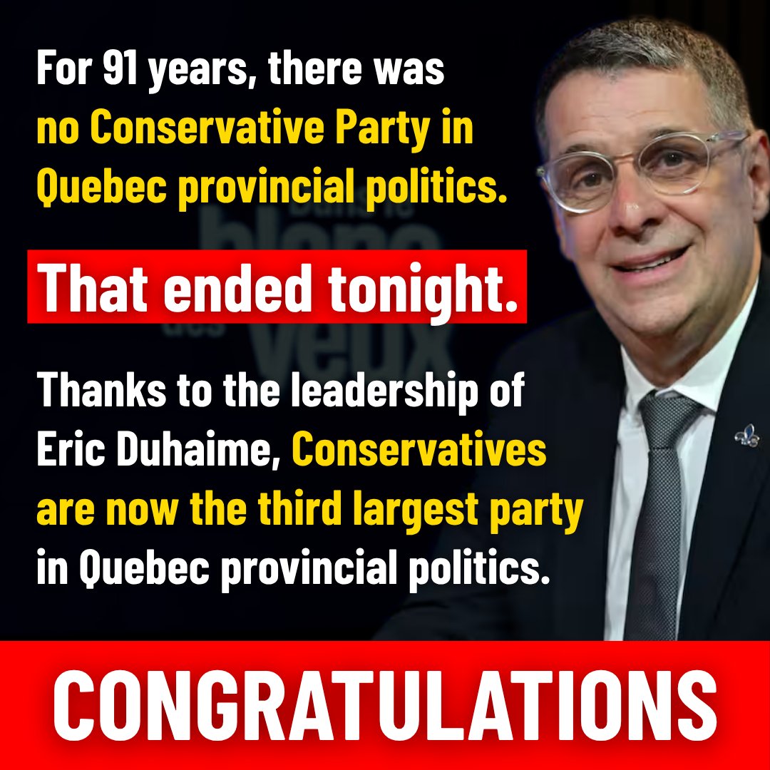 WeAreCanProud's tweet photo. For the first time in nearly a century, conservatives have a REAL VOICE in Quebec.

Congratulations to Eric Duhaime and congratulations to all the conservatives in Quebec who are celebrating a big victory tonight! 👏 https://t.co/NXaoGHLItl