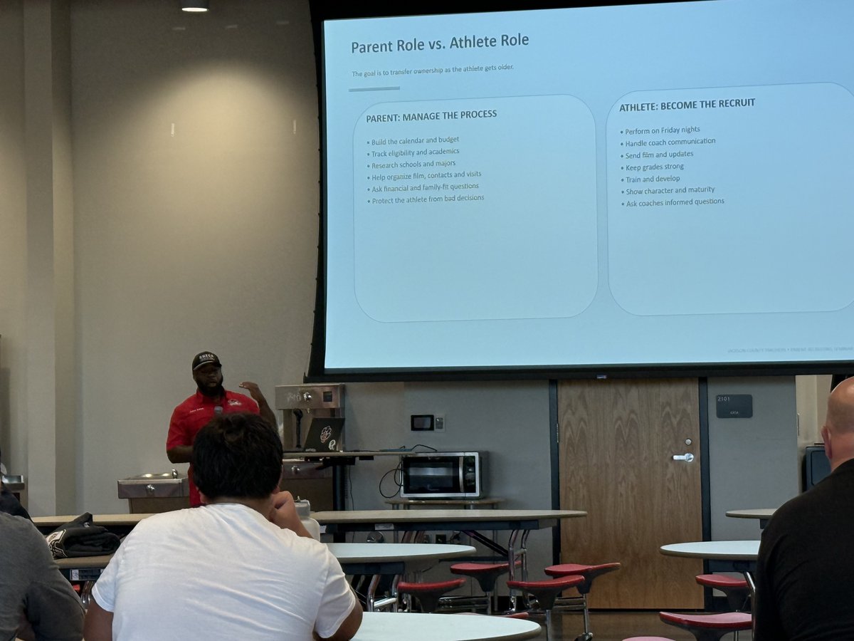 CoachDaniels06's tweet photo. 🏈 MIDSEASON RECRUITING SEMINAR

Great opportunity to sit down with the parents and student-athletes at Jackson County High School and talk about the recruiting process.

Recruiting is constantly changing, and it’s important that families understand what they should be doing RIGHT NOW to put themselves in the best position for opportunities at the next level.

We talked about:

🔑 Building and updating quality film
🔑 Communicating with college coaches
🔑 Using social media the right way
🔑 Understanding your realistic level of play
🔑 Academics and eligibility
🔑 College visits and exposure
🔑 Understanding offers and roster opportunities
🔑 What parents and athletes should be doing during the second half of the season

The goal is simple: EDUCATE FAMILIES, CREATE OPPORTUNITIES, AND HELP ATHLETES NAVIGATE THE PROCESS THE RIGHT WAY.

Thank you to @JAXCOFOOTBALL & Head Coach @CoachMobbs for allowing RecruitNEGA to pour into your athletes and families.

Real Connections. Real Exposure. Real Opportunities.

#RecruitNEGA #JacksonCountyFootball #Recruiting101 #CollegeFootballRecruiting #StudentAthletes
